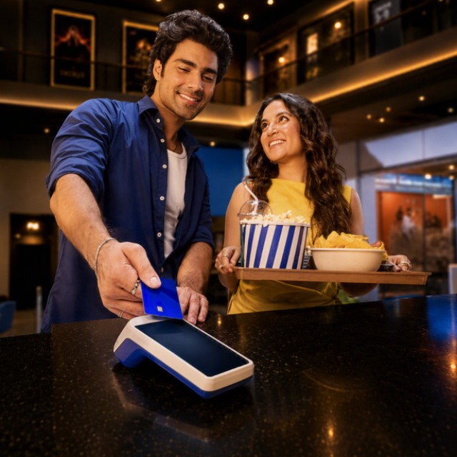 Man pays with a card at a cinema counter while a woman holds popcorn and snacks