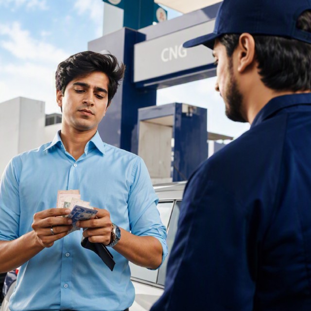 Man counting cash at a CNG station while standing next to an attendant