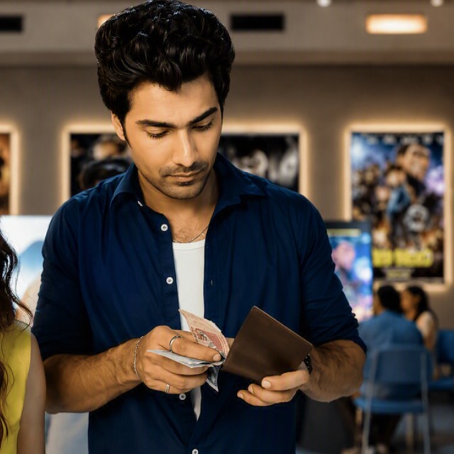 Man taking cash from his wallet inside a cinema lobby